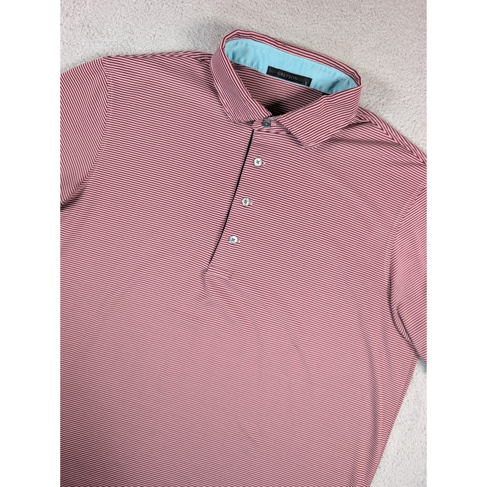 Greyson Mens Large Polo Shirt Maroon White Stripe Bogey Hills Country Club Golf